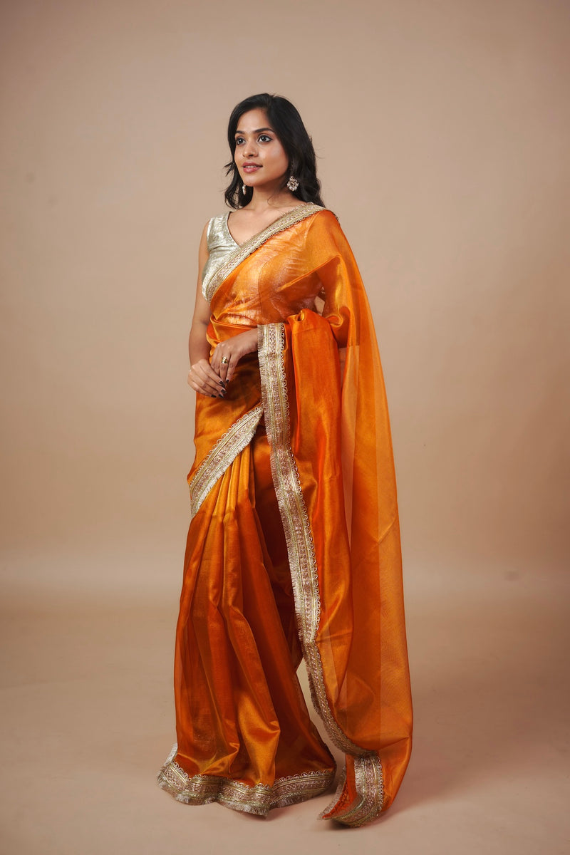 EXP - Alya - Tissue Silk Saree -  Coral Orange + Silver Gotta