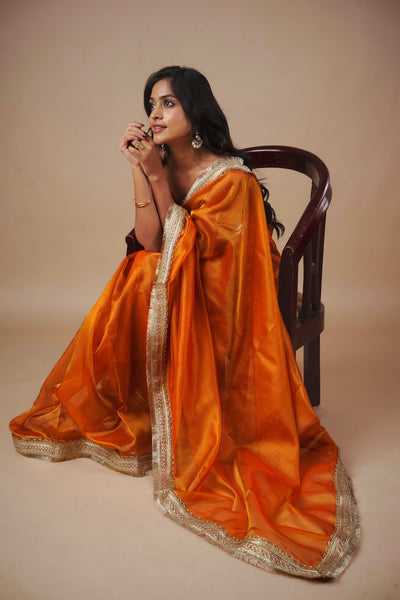 EXP - Alya - Tissue Silk Saree -  Coral Orange + Silver Gotta