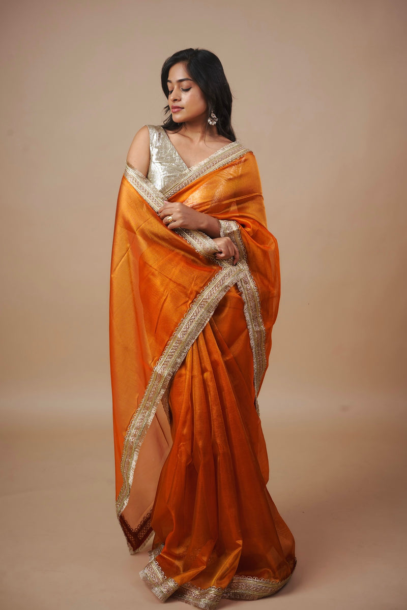 EXP - Alya - Tissue Silk Saree -  Coral Orange + Silver Gotta