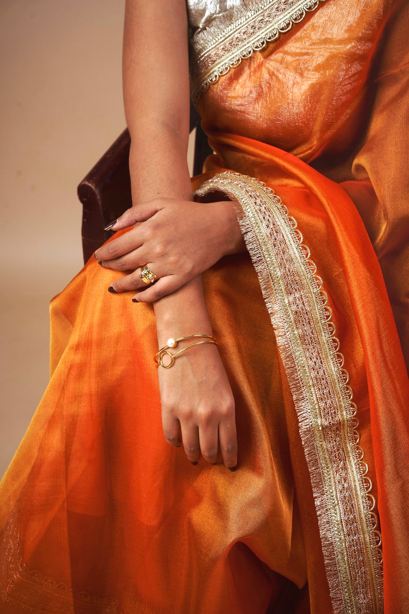 EXP - Alya - Tissue Silk Saree -  Coral Orange + Silver Gotta