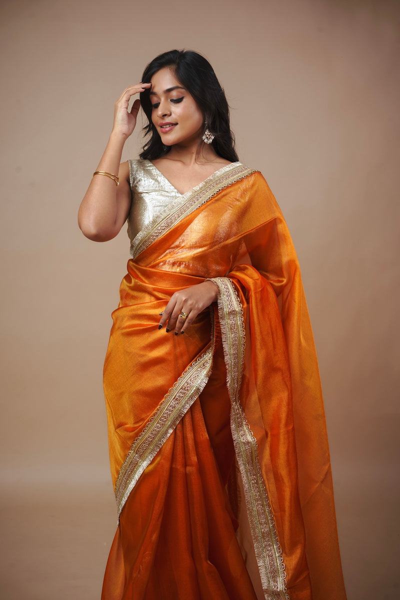 EXP - Alya - Tissue Silk Saree -  Coral Orange + Silver Gotta