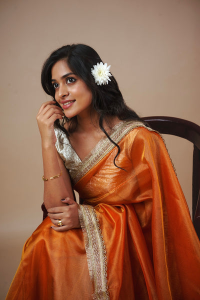 EXP - Alya - Tissue Silk Saree -  Coral Orange + Silver Gotta