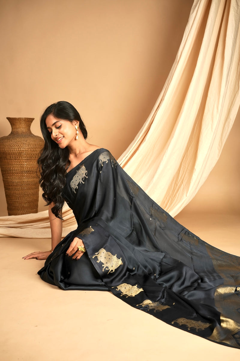 Yuri - Banarasi Satin Silk Saree - Dune Black + Silver Gotta