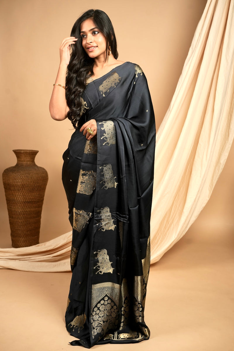 Yuri - Banarasi Satin Silk Saree - Dune Black + Silver Gotta