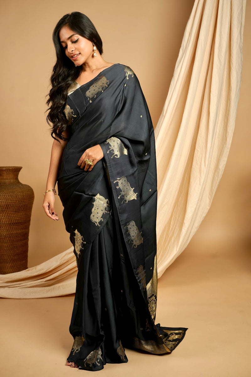 Yuri - Banarasi Satin Silk Saree - Dune Black + Silver Gotta