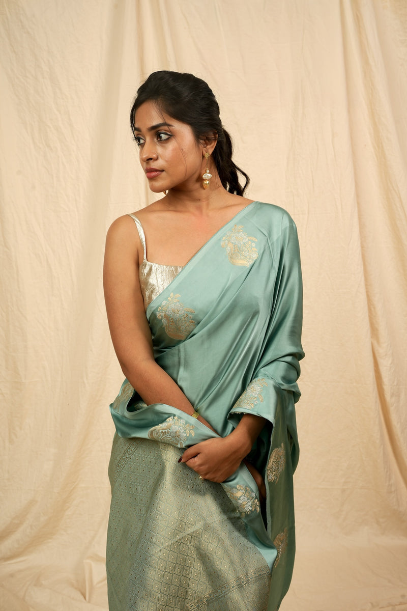 EXP - Yuri - Banarasi Satin Silk Saree - Glacier Blue + Silver Gotta