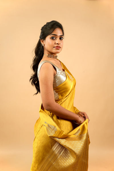 EXP - Yuri - Banarasi Satin Silk Saree - Golden Yellow Dream + Silver Gotta