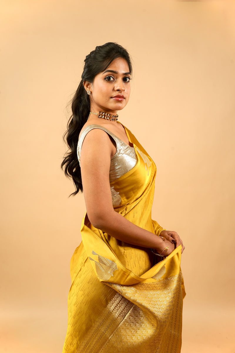 EXP - Yuri - Banarasi Satin Silk Saree - Golden Yellow Dream + Silver Gotta
