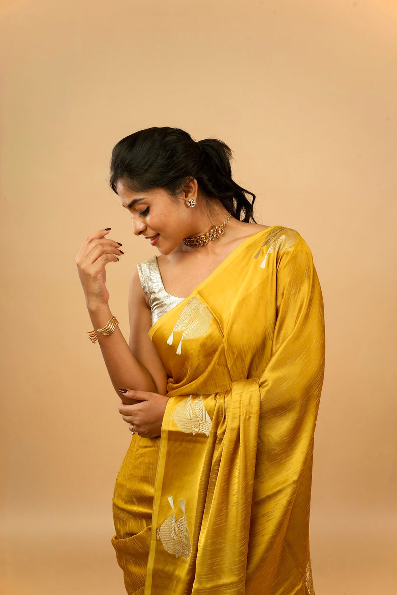 EXP - Yuri - Banarasi Satin Silk Saree - Golden Yellow Dream + Silver Gotta