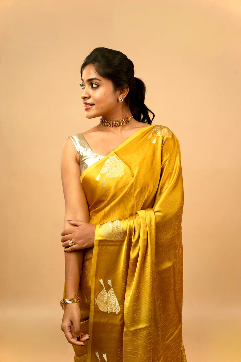 EXP - Yuri - Banarasi Satin Silk Saree - Golden Yellow Dream + Silver Gotta