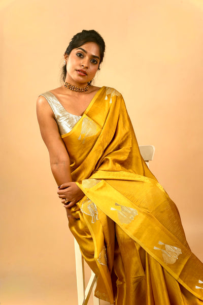 EXP - Yuri - Banarasi Satin Silk Saree - Golden Yellow Dream + Silver Gotta