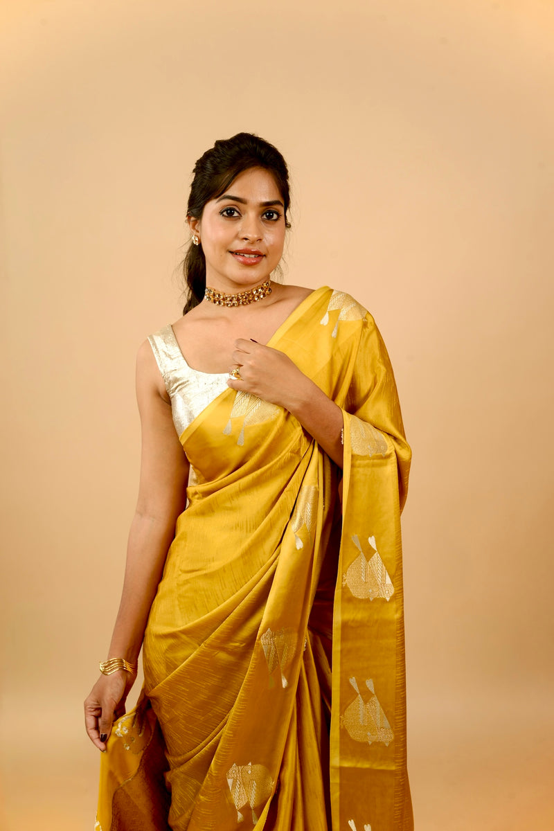 EXP - Yuri - Banarasi Satin Silk Saree - Golden Yellow Dream + Silver Gotta