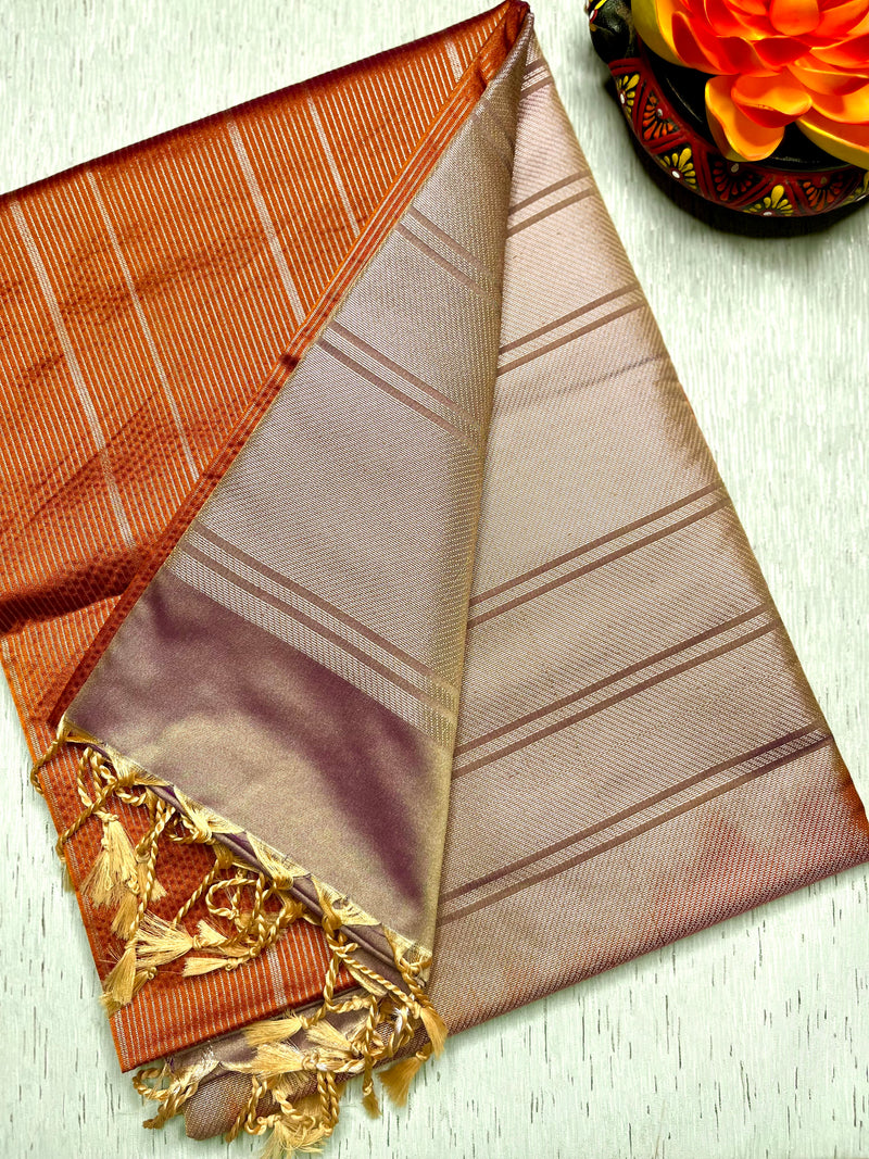Soft Silk Saree  - Fiery Orange + Sandrift