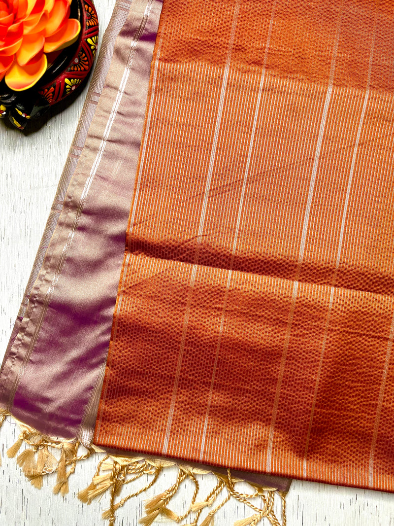 Soft Silk Saree  - Fiery Orange + Sandrift