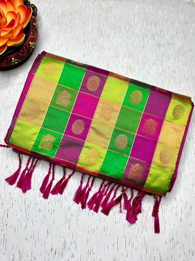 Soft Silk Saree  - Multicolor + Persina Pink
