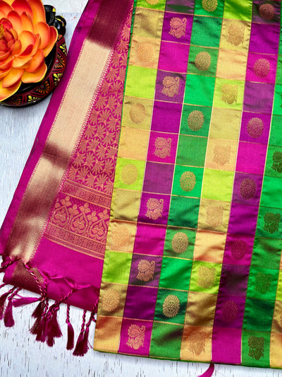 Soft Silk Saree  - Multicolor + Persina Pink