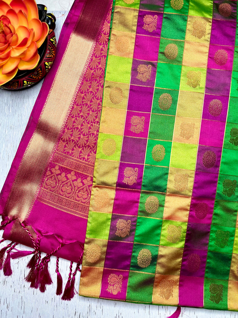 Soft Silk Saree  - Multicolor + Persina Pink