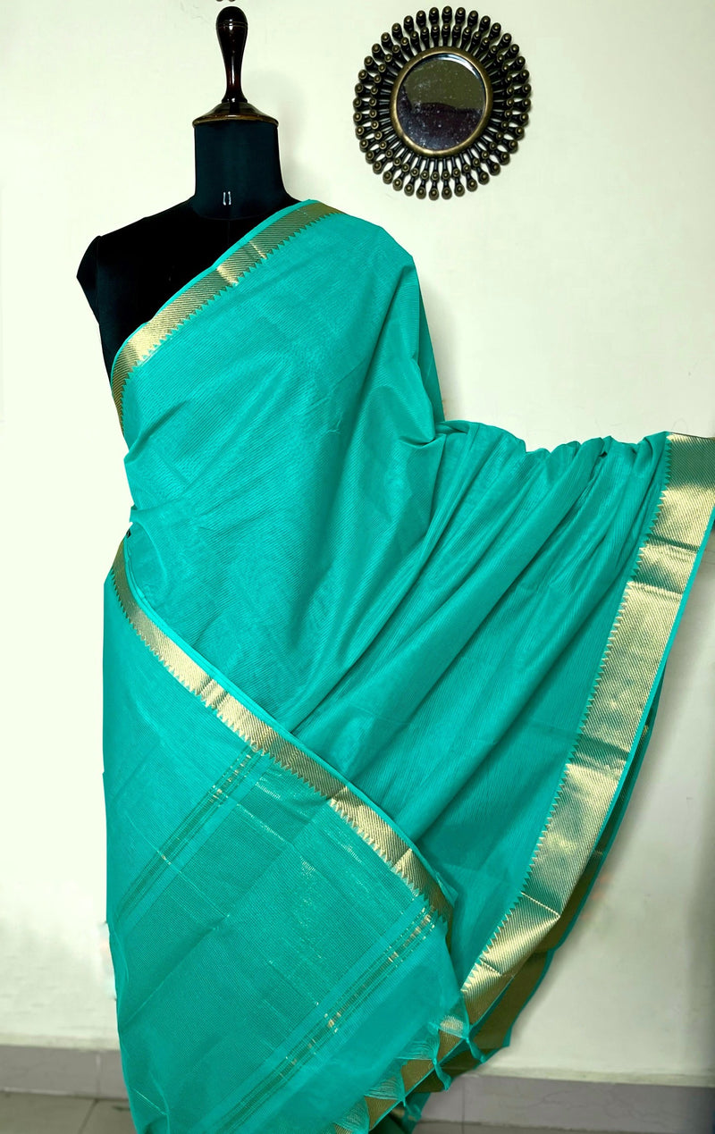 Handwoven Mangalgiri Cotton Saree - Bright Turquoise + Gold