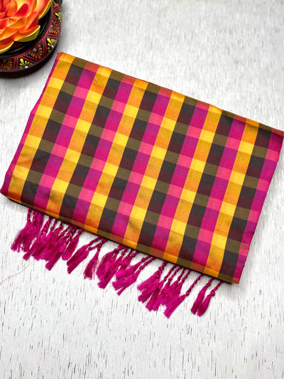 Soft Silk Saree  - Multicolor Mini Checks + Persian Pink