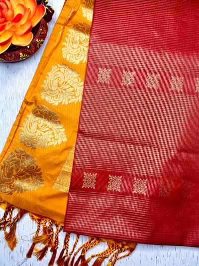 Soft Silk Saree  -  Milano Red + Blaze Yellow