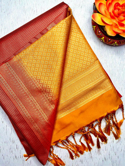 Soft Silk Saree  -  Milano Red + Blaze Yellow