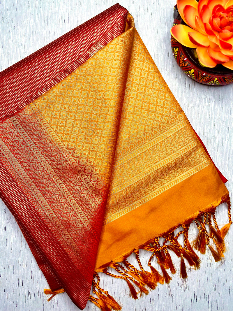 Soft Silk Saree  -  Milano Red + Blaze Yellow