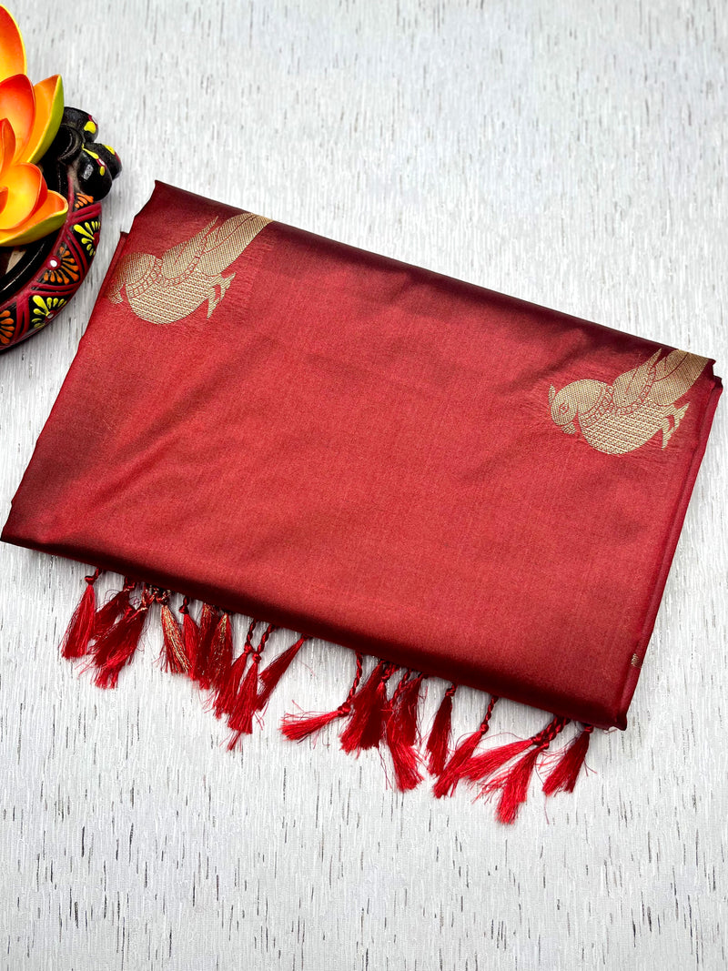 Soft Silk Saree  - Burnt Red + Gold