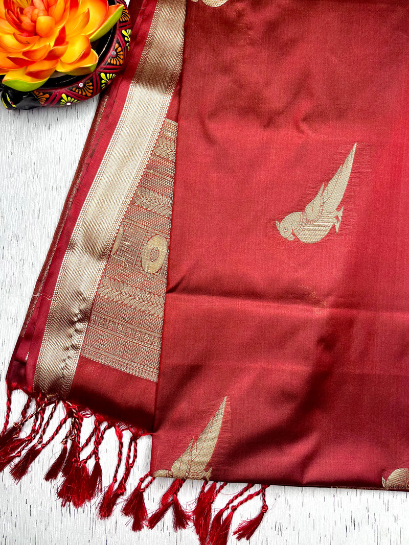 Soft Silk Saree  - Burnt Red + Gold