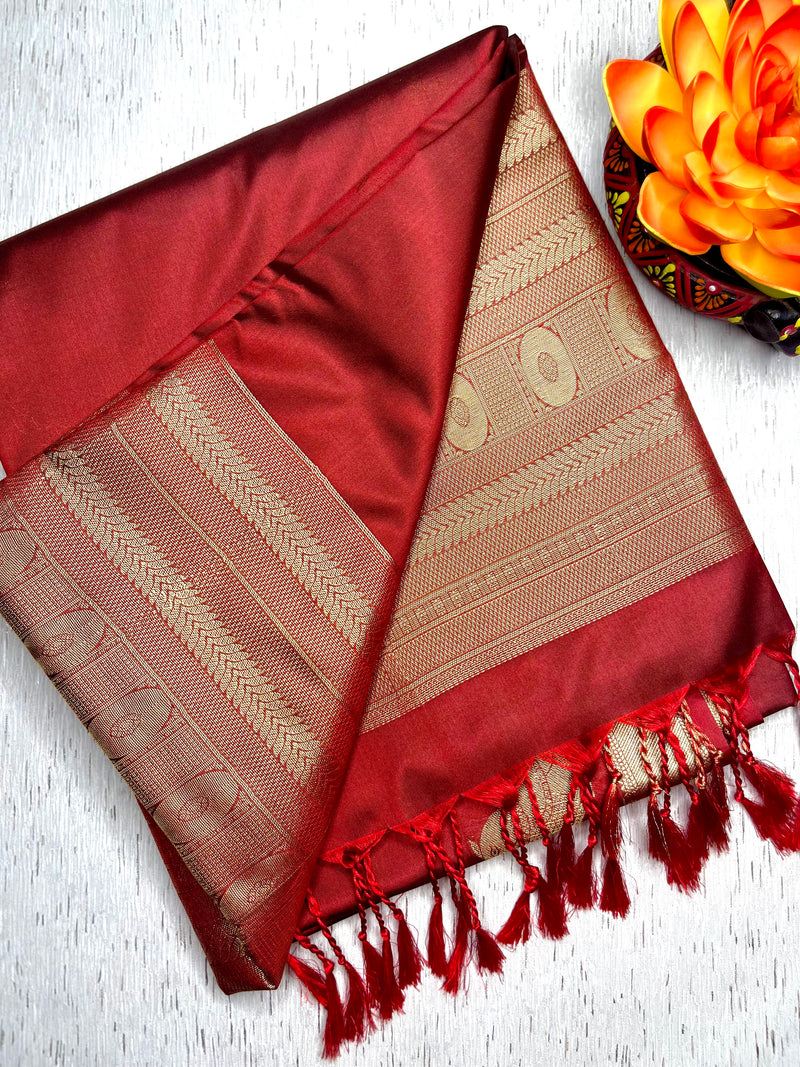 Soft Silk Saree  - Burnt Red + Gold
