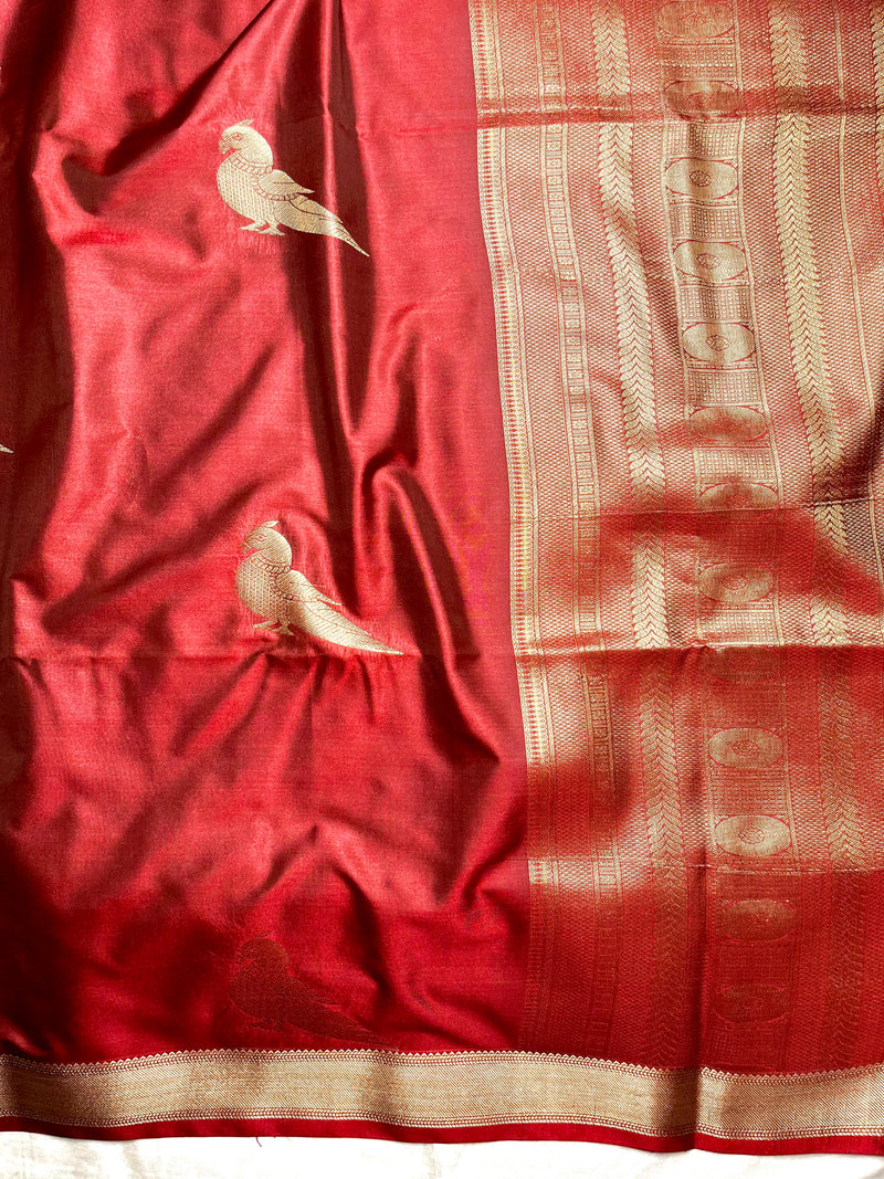 Soft Silk Saree  - Burnt Red + Gold