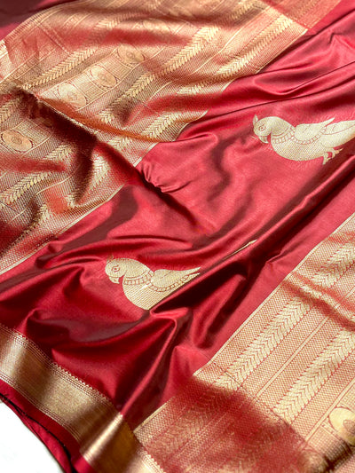 Soft Silk Saree  - Burnt Red + Gold