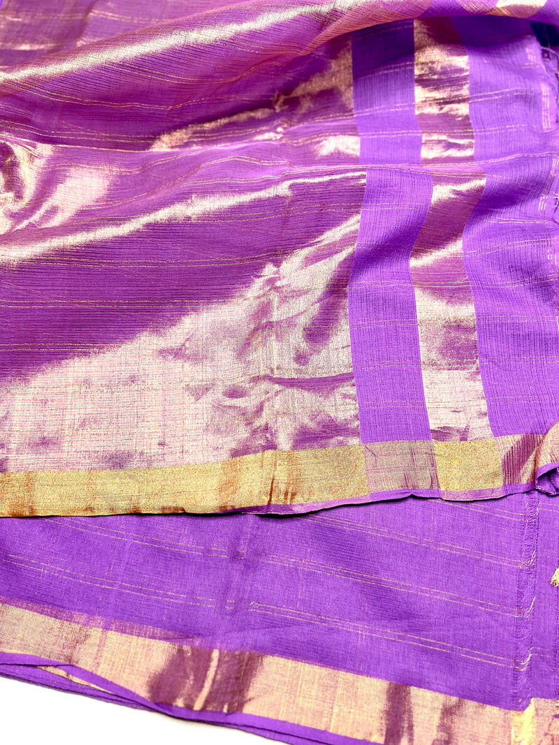 Handwoven Silk Zari Cotton Saree - Lavender + Gold