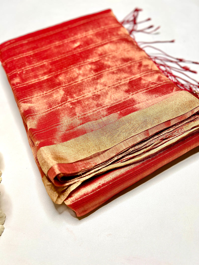 Handwoven Silk Zari Cotton Saree - Crimson Red + Gold