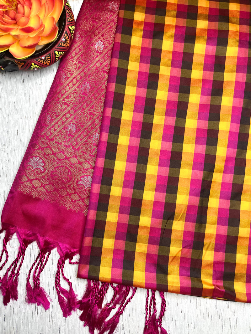 Soft Silk Saree  - Multicolor Mini Checks + Persian Pink