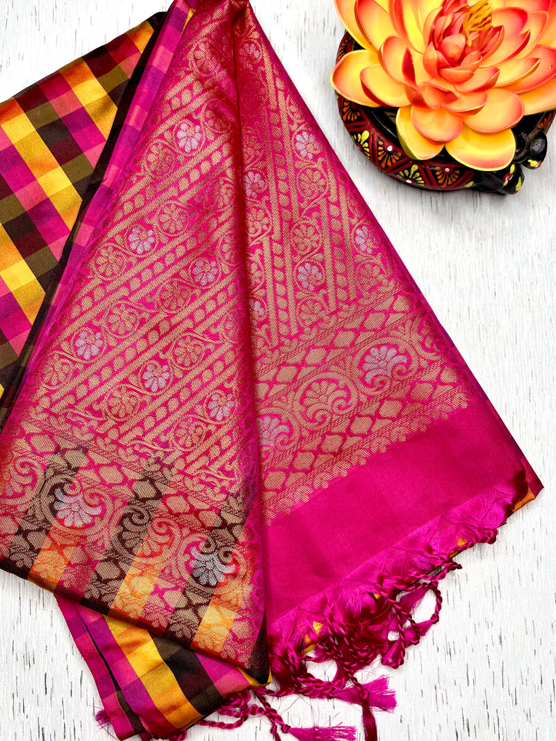 Soft Silk Saree  - Multicolor Mini Checks + Persian Pink