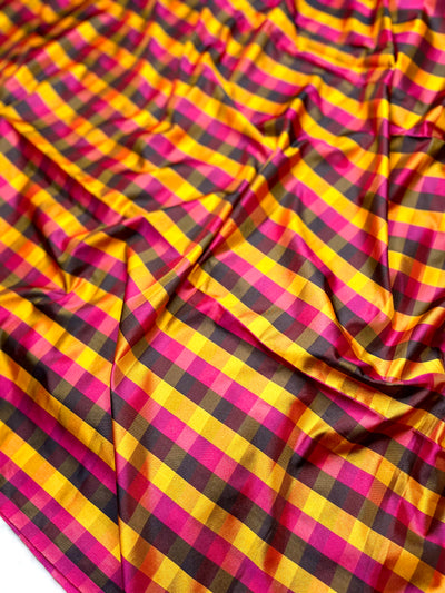 Soft Silk Saree  - Multicolor Mini Checks + Persian Pink