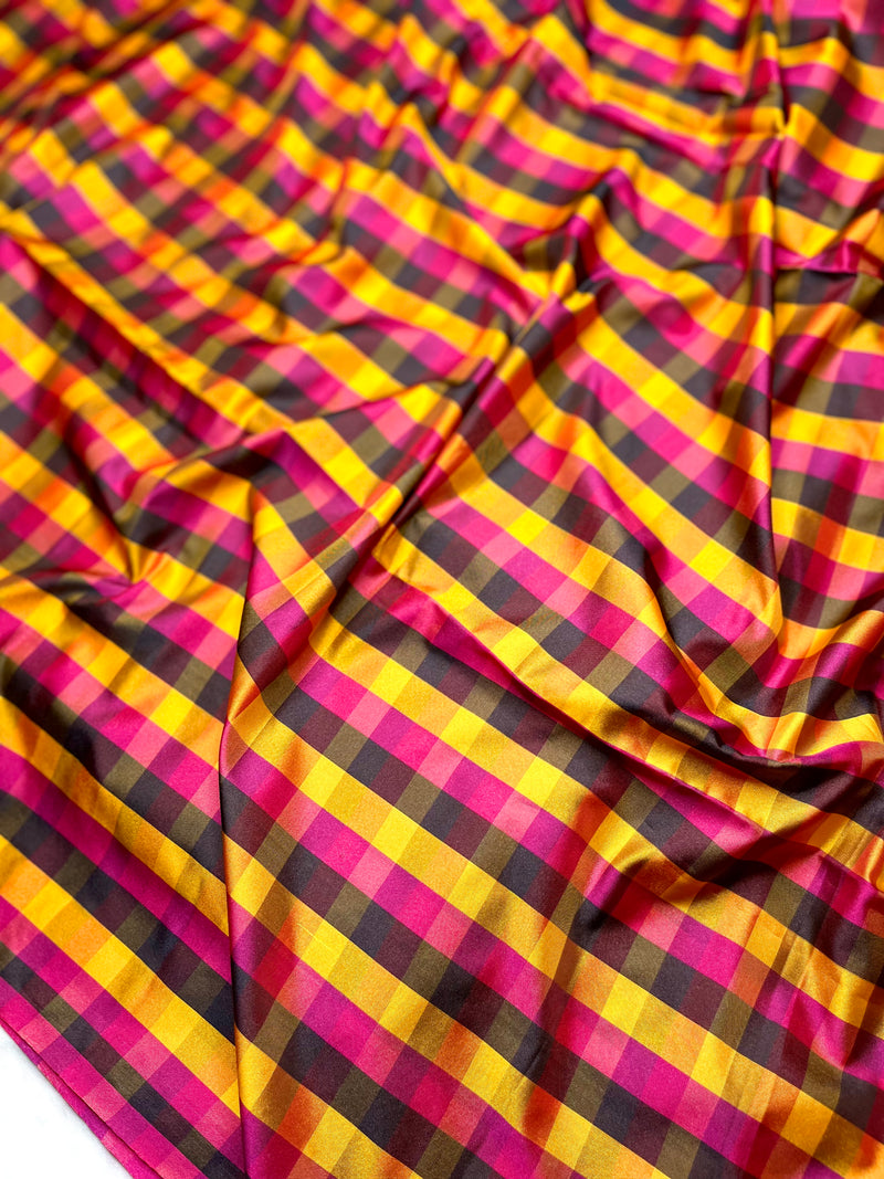 Soft Silk Saree  - Multicolor Mini Checks + Persian Pink