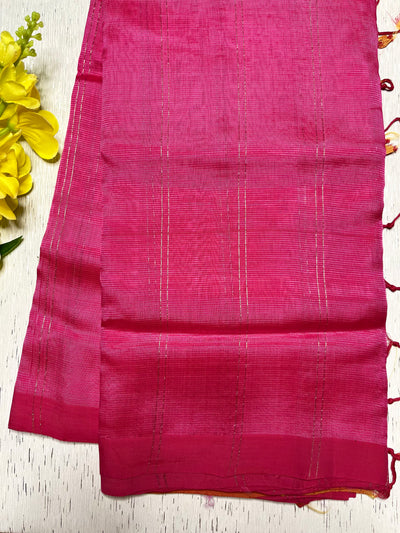 Handwoven Silk Cotton Saree -  Amaranth Pink + Carrot Orange