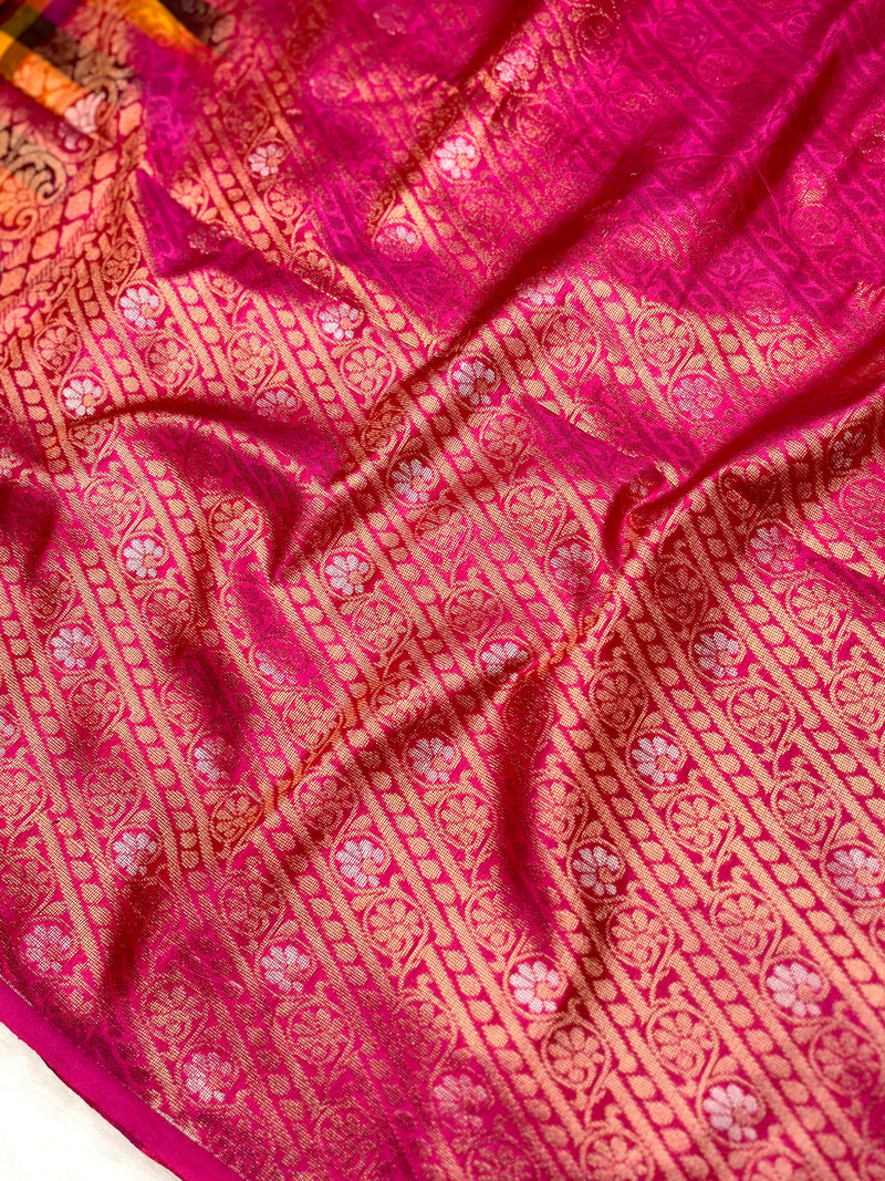 Soft Silk Saree  - Multicolor Mini Checks + Persian Pink