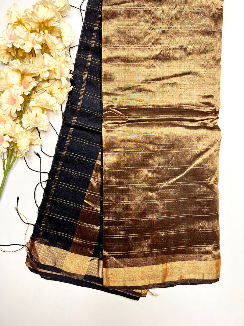 Handwoven Silk Zari Cotton Saree - Black Russian + Gold
