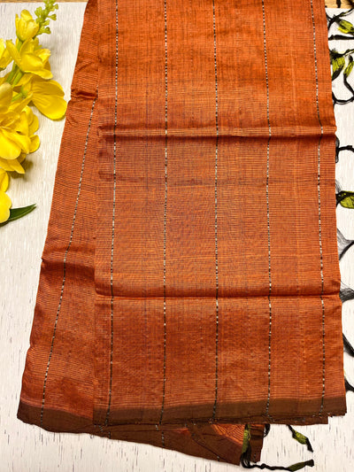 Handwoven Silk Cotton Saree -  Rust Copper + Green Leaf