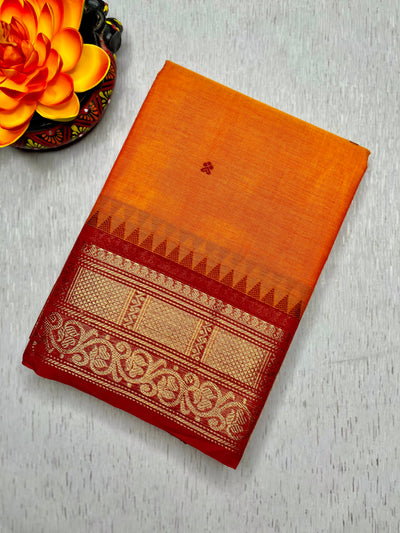 Chettinad Cotton Saree - Pumpkin Orange + Bright Red