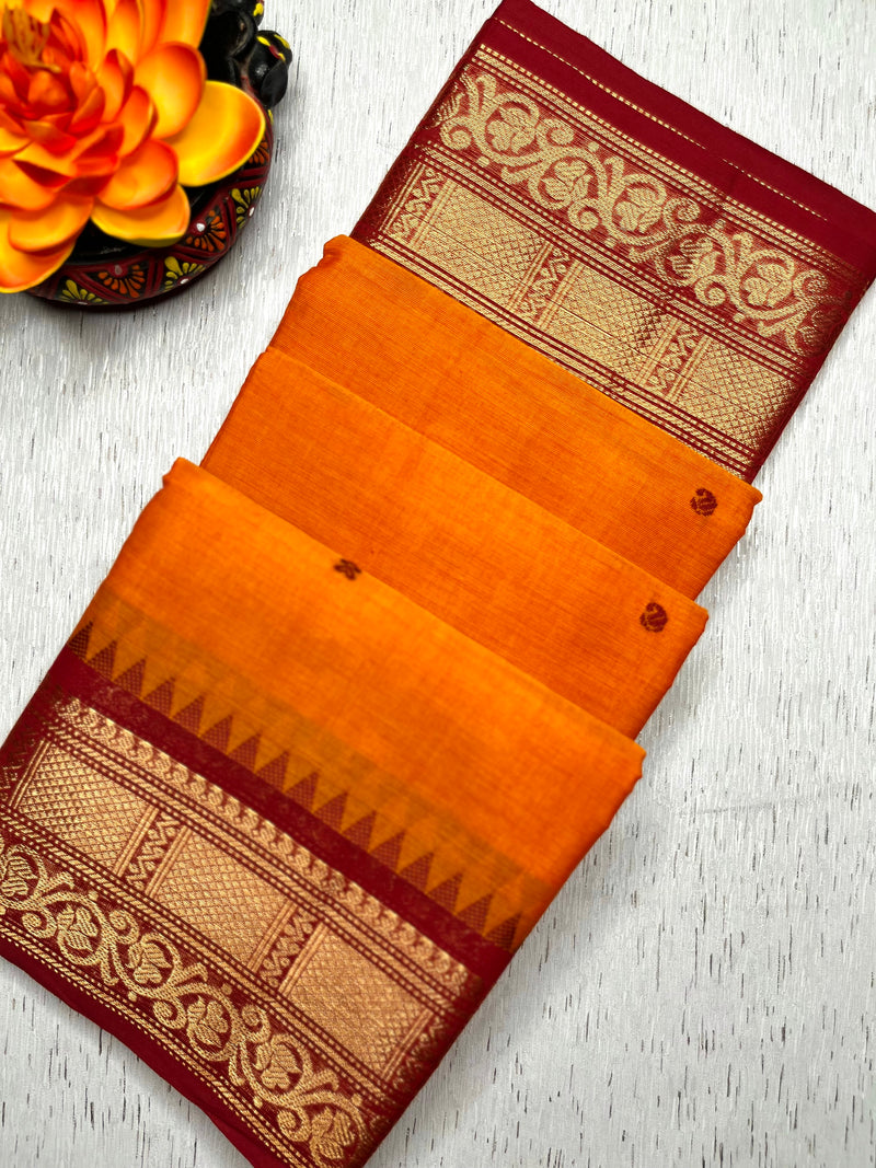 Chettinad Cotton Saree - Pumpkin Orange + Bright Red
