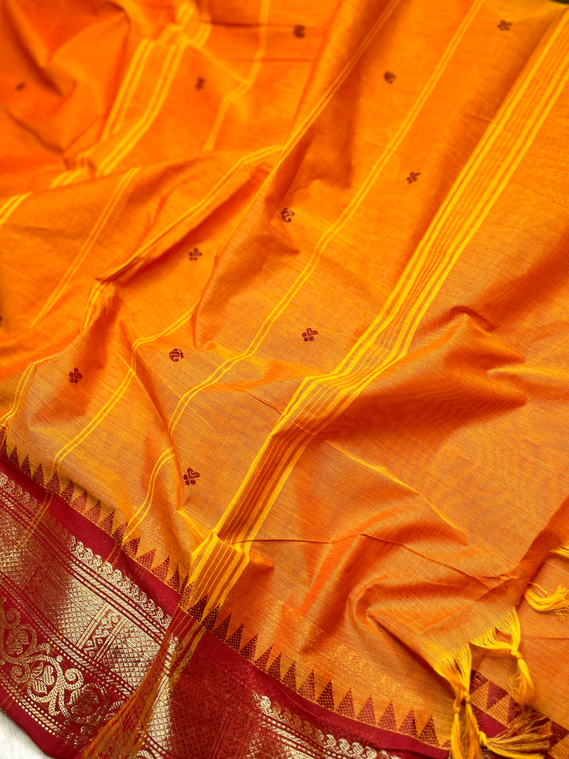Chettinad Cotton Saree - Pumpkin Orange + Bright Red
