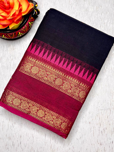 Kanchi Cotton Saree - Smoky Black  + Mulberry Pink