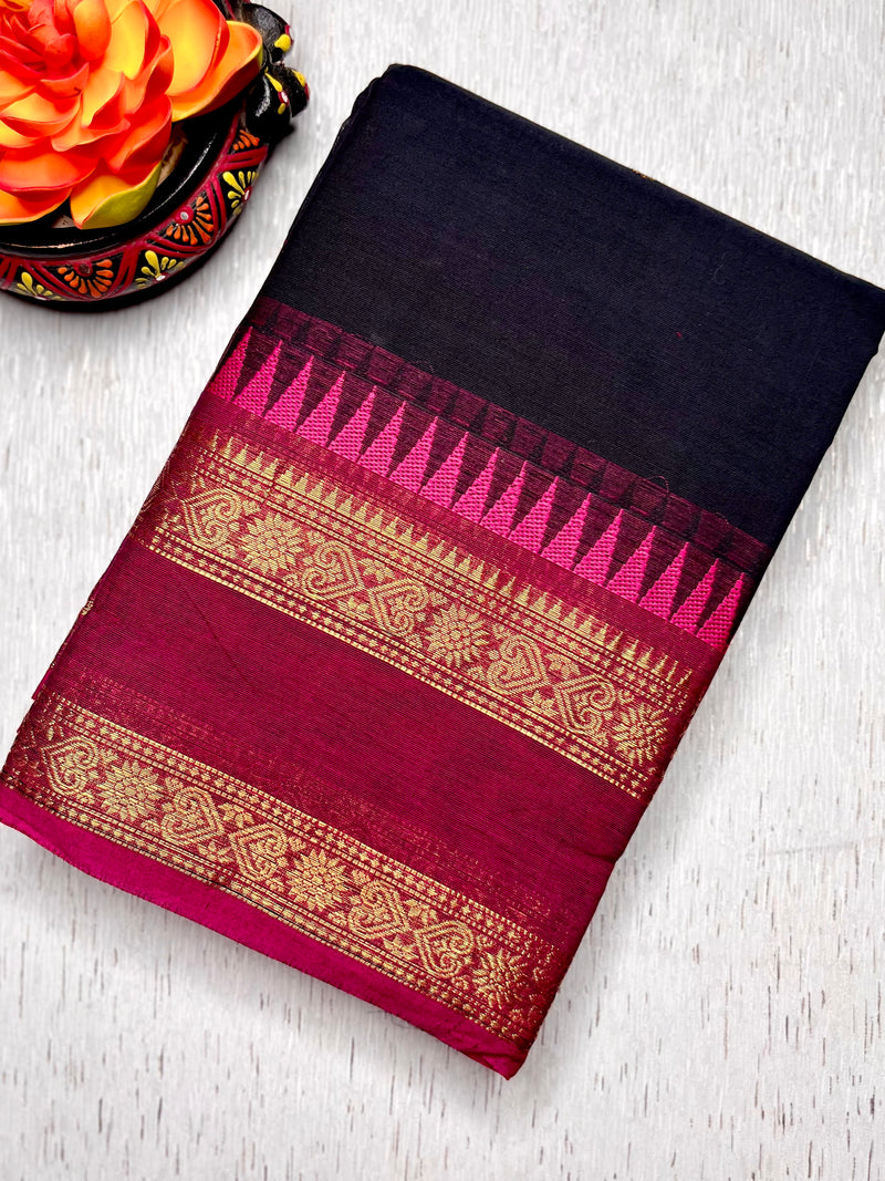Kanchi Cotton Saree - Smoky Black  + Mulberry Pink