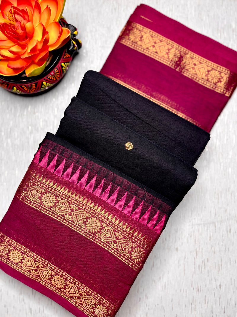 Kanchi Cotton Saree - Smoky Black  + Mulberry Pink