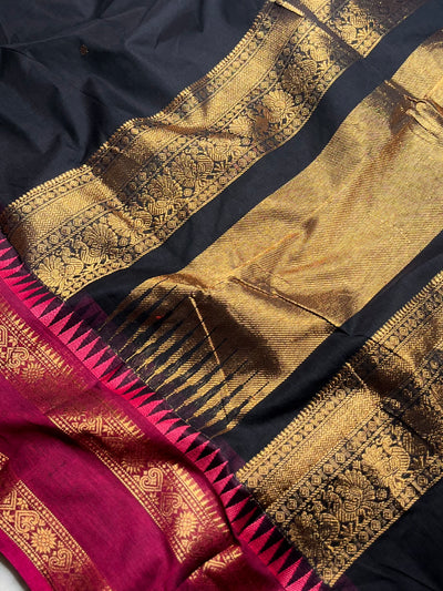 Kanchi Cotton Saree - Smoky Black  + Mulberry Pink