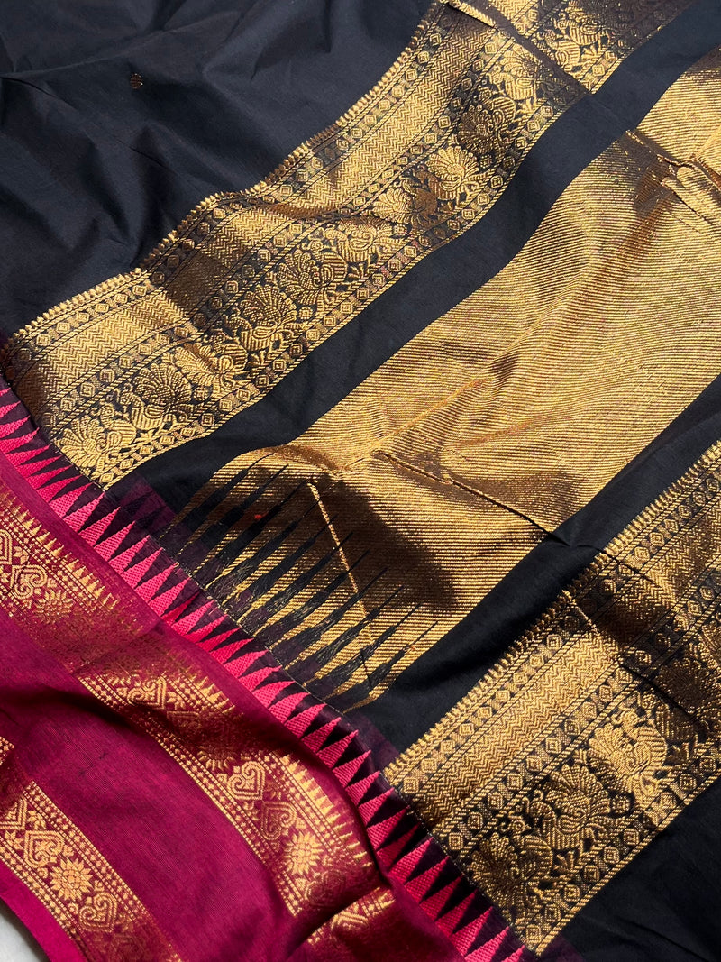 Kanchi Cotton Saree - Smoky Black  + Mulberry Pink