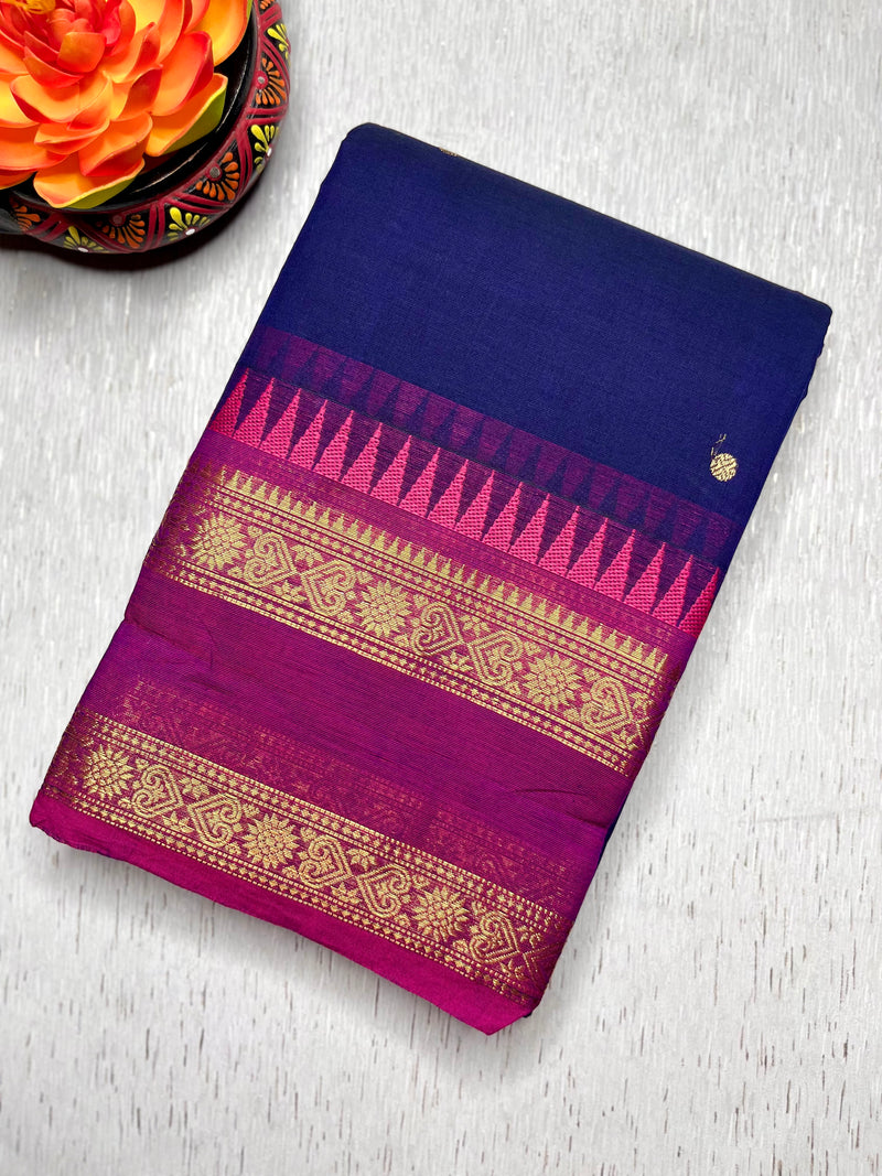 Kanchi Cotton Saree - Persian Blue  + Cardinal Pink